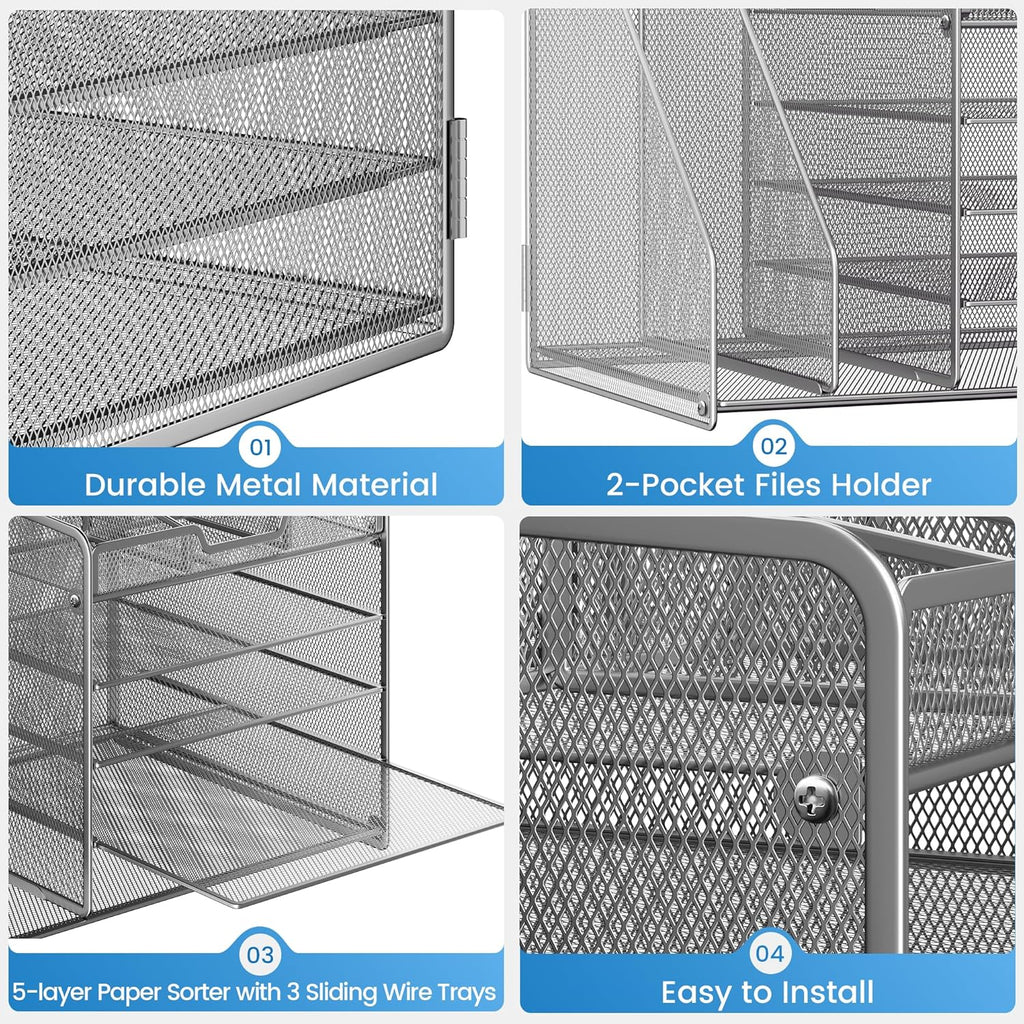 Lavatino 5-Tier Metal Mesh Desk Organizer with 2 File Holders & 7 Customizable Compartments | Paper Letter Tray for Office or Home Desk Storage | Keep Workspace Supplies Neat & Organized, Silver