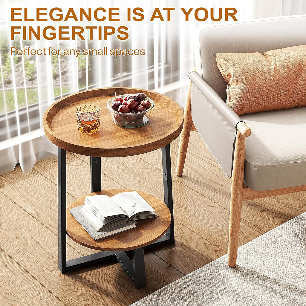 Yusong Round Side Table, Industrial Cherry End Table, Accent Nightstand Bedside Table for Living Room, Bedroom, Sofa Couch