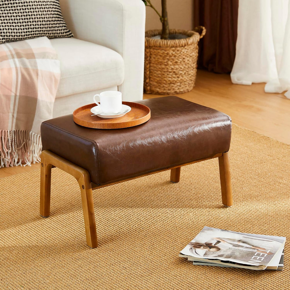 Glitzhome Rectangle Ottoman Bench, Modern Coffee Leatherette Footstool with W...