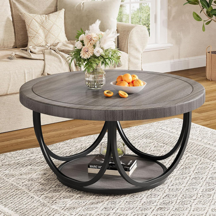 Tribesigns Round Coffee Table with 2 Tiers, 31.5" Wooden Circle Accent Cocktail Table with Storage Shelf and Metal Frame, Industrial Center Tables for Living Room, Gray