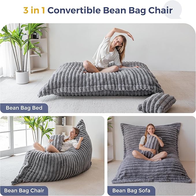 MAXYOYO Giant Bean Bag Chair with Pillow, 3 in 1 Convertible Bean Bag Chair for Adults with Removable Cover, Floor Cushion Stuffed Floor Lounger for Living Room Bedroom, Grey