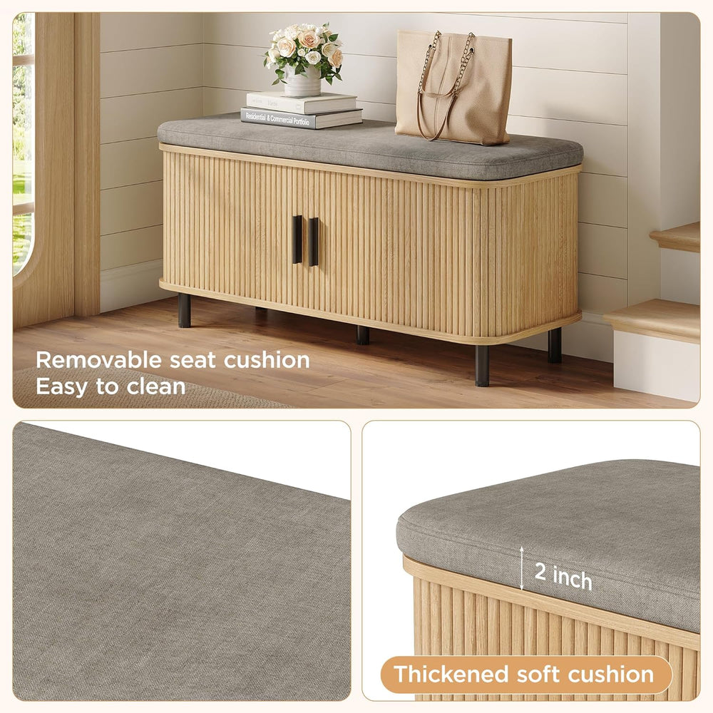 Maupvit Shoe Storage Bench with Smooth Fluted Sliding Doors, 2 Tier Hidden Sh...