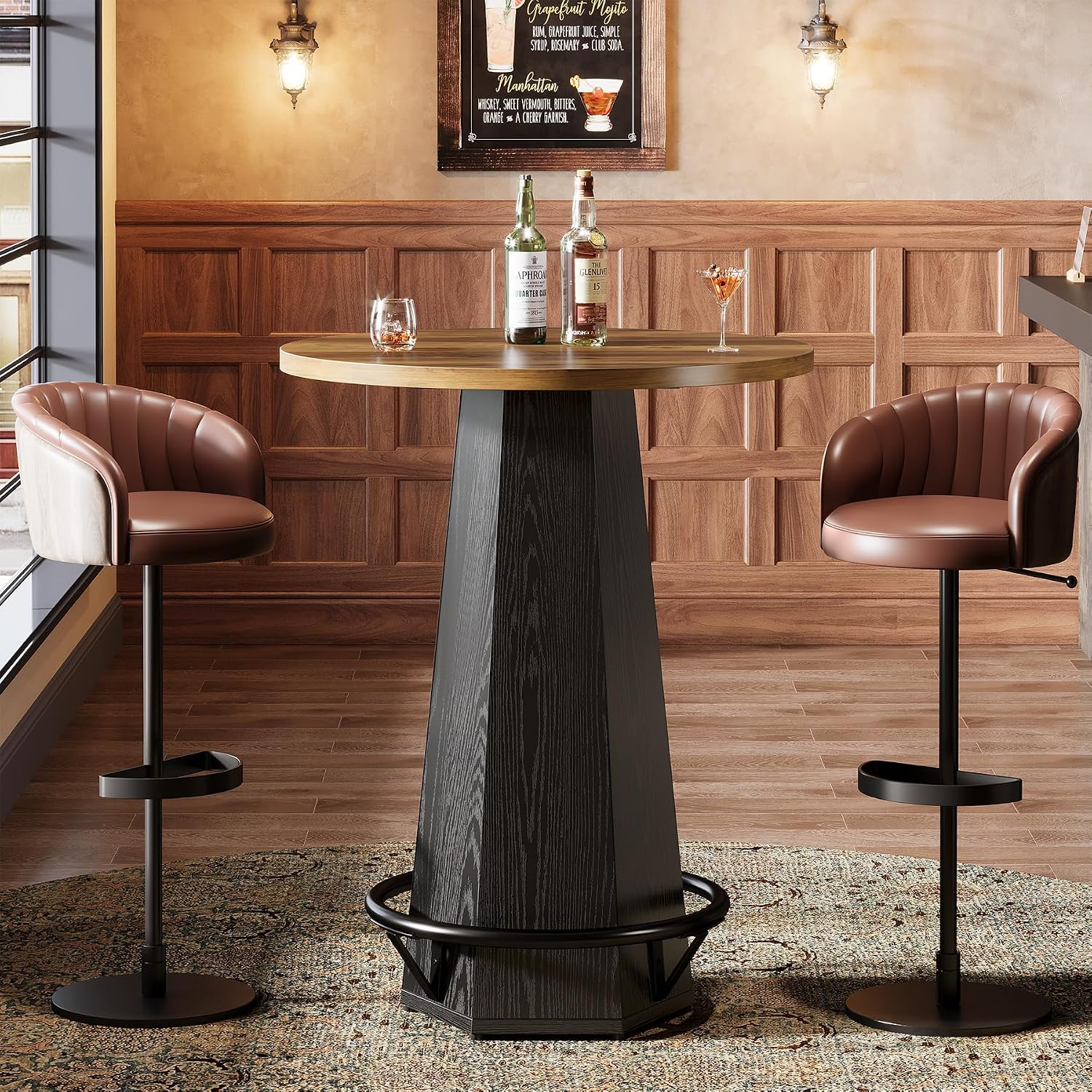 Tribesigns Round Bar Pub Table High Top, 39.4" H Bistro Cocktail Table with Metal Footrest for Drinking & Gathering, Industrial Home Bar Unit, Small Spaces, Brown & Black