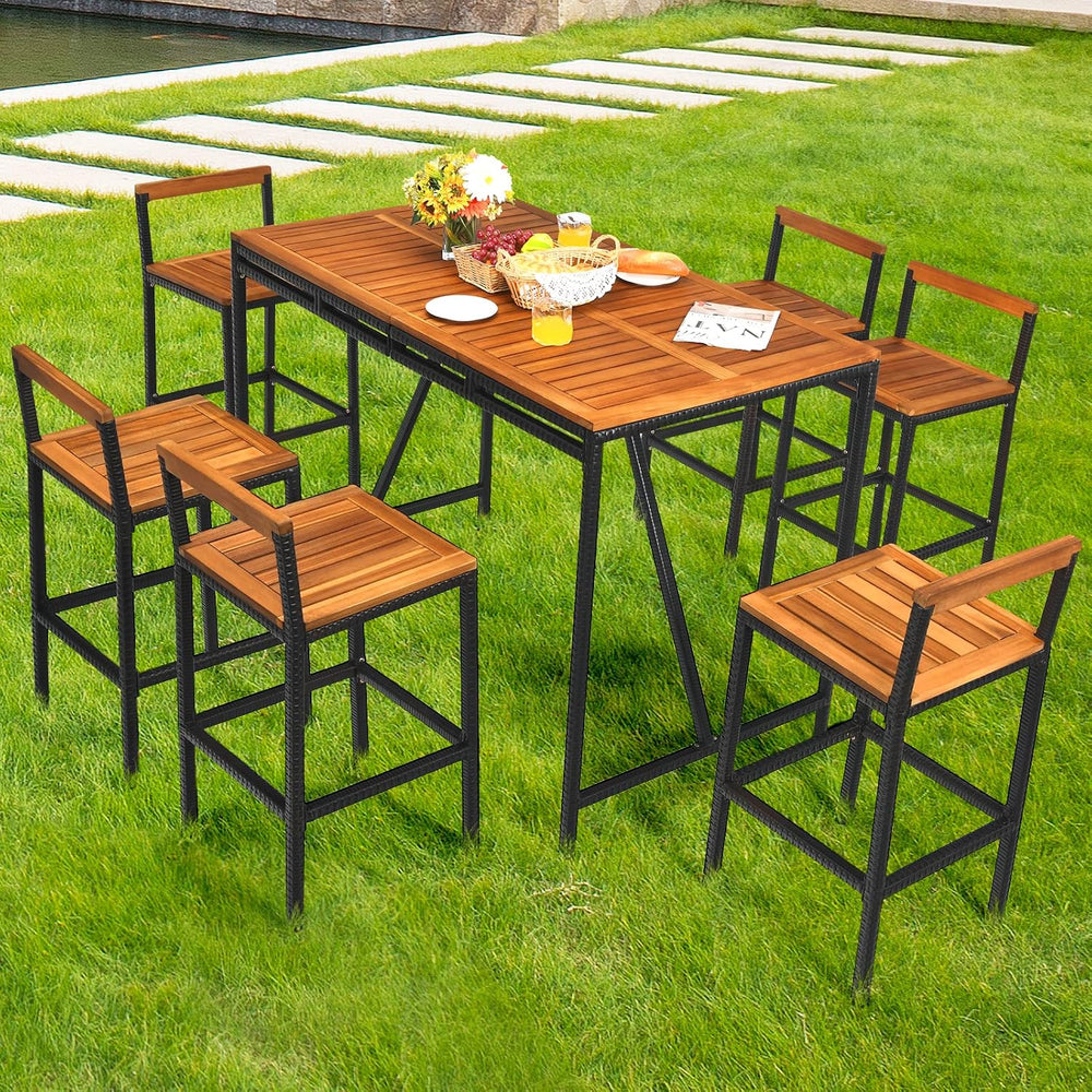 Tangkula 7-Piece Acacia Wood Bar Set with Patiojoy Outdoor Rattan High-Dining...