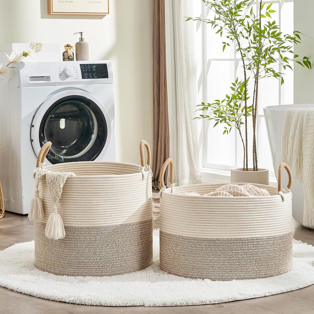 KAKAMAY Large Blanket Basket with Handles, Storage Basket for Living Room | Extra Large Capacity | Natural Cotton Rope | Blanket Storage | Woven Storage Basket | Stuffed Animal Storage | Laundry Basket