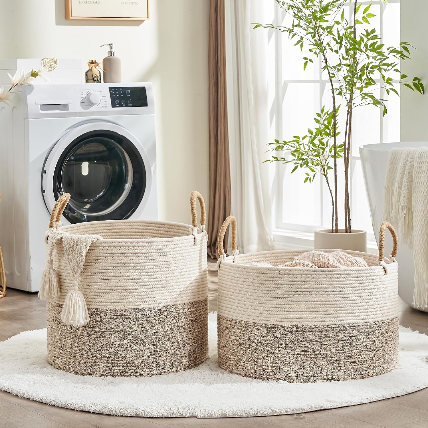 KAKAMAY Large Blanket Basket with Handles, Storage Basket for Living Room | Extra Large Capacity | Natural Cotton Rope | Blanket Storage | Woven Storage Basket | Stuffed Animal Storage | Laundry Basket