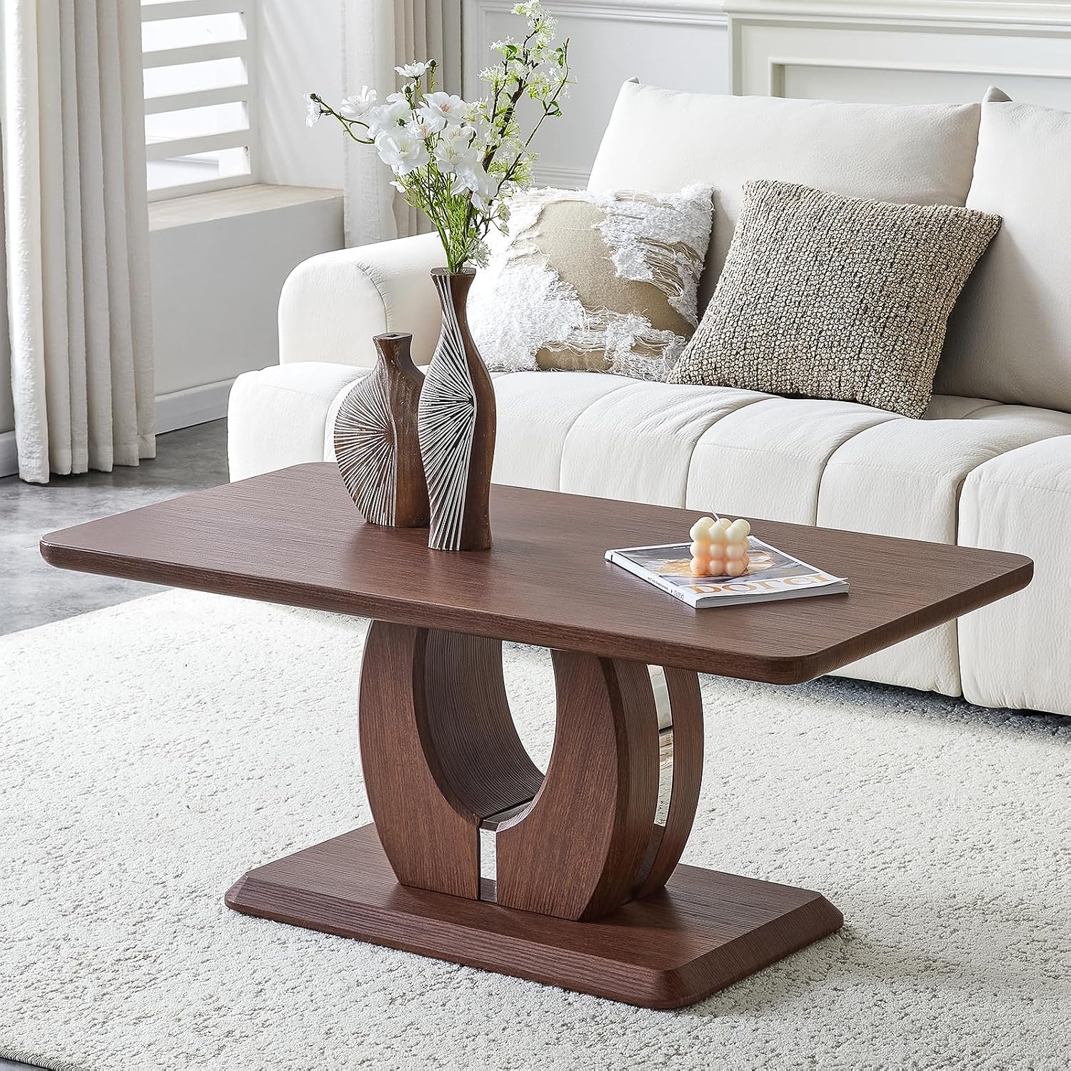 LKTART Coffee Table for Living Room, Modern Coffee Table with Storage, Rectangle Tabletop Stable Base for Dining Room Apartment Small Space (43.3''L×22.4''W-Walnut)