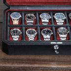 ROTHWELL 12 Slot Leather Watch Box for Men - Luxury Case Display Jewelry Organizer with Microsuede Liner - Travel Jewelry Case for Mens Accessories, Travel Organizer (Black & Red)