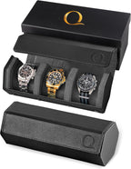 QWATCHBANDS Napa Leather Watch Rolls for Men - Hexagon Triple Watch Roll Travel Case for 3 Watches - Storage Organizer Genuine Leather with Velvet Interior Display (Black/Charcoal)
