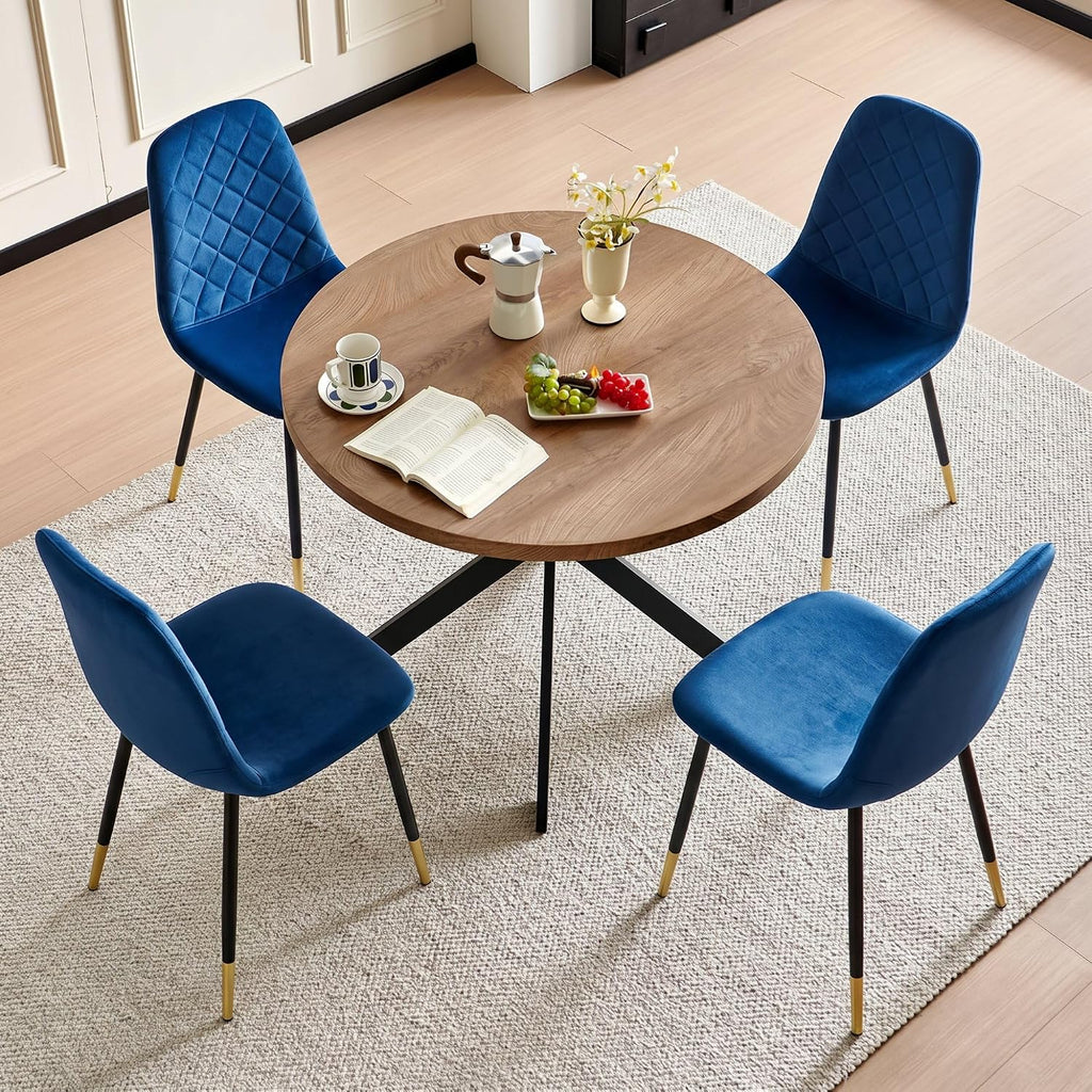 37" Round Table Set for 4, Mid Century Modern Small Kitchen Table Set, Space Saving, Dinette for Home, Apartment, Dining Room (Imitation Wood Table+ 4 Navy Blue Velvet Chairs)
