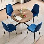 37" Round Table Set for 4, Mid Century Modern Small Kitchen Table Set, Space Saving, Dinette for Home, Apartment, Dining Room (Imitation Wood Table+ 4 Navy Blue Velvet Chairs)