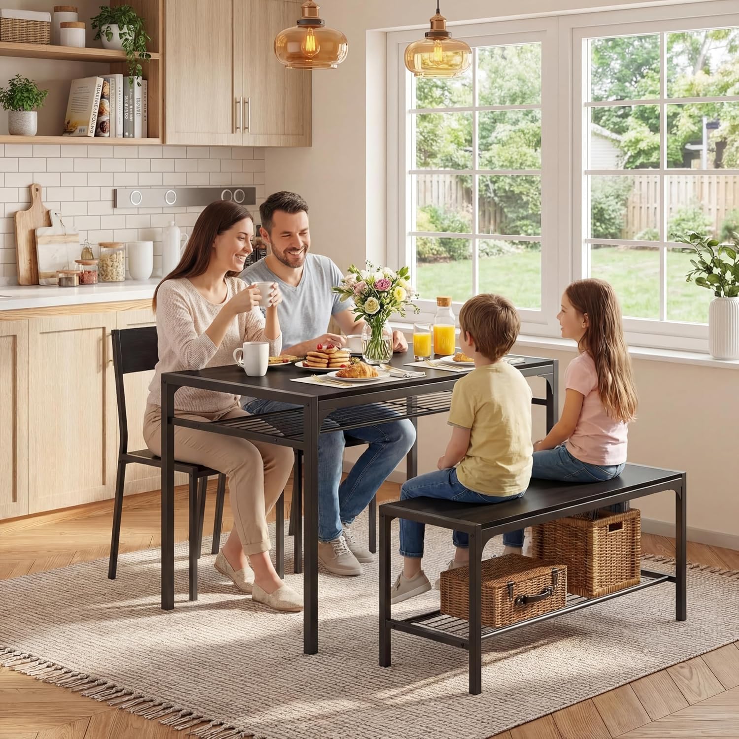 Gizoon Kitchen Table and 2 Chairs for 4 with Bench, 4 Piece Dining Table Set for Small Space, Apartment