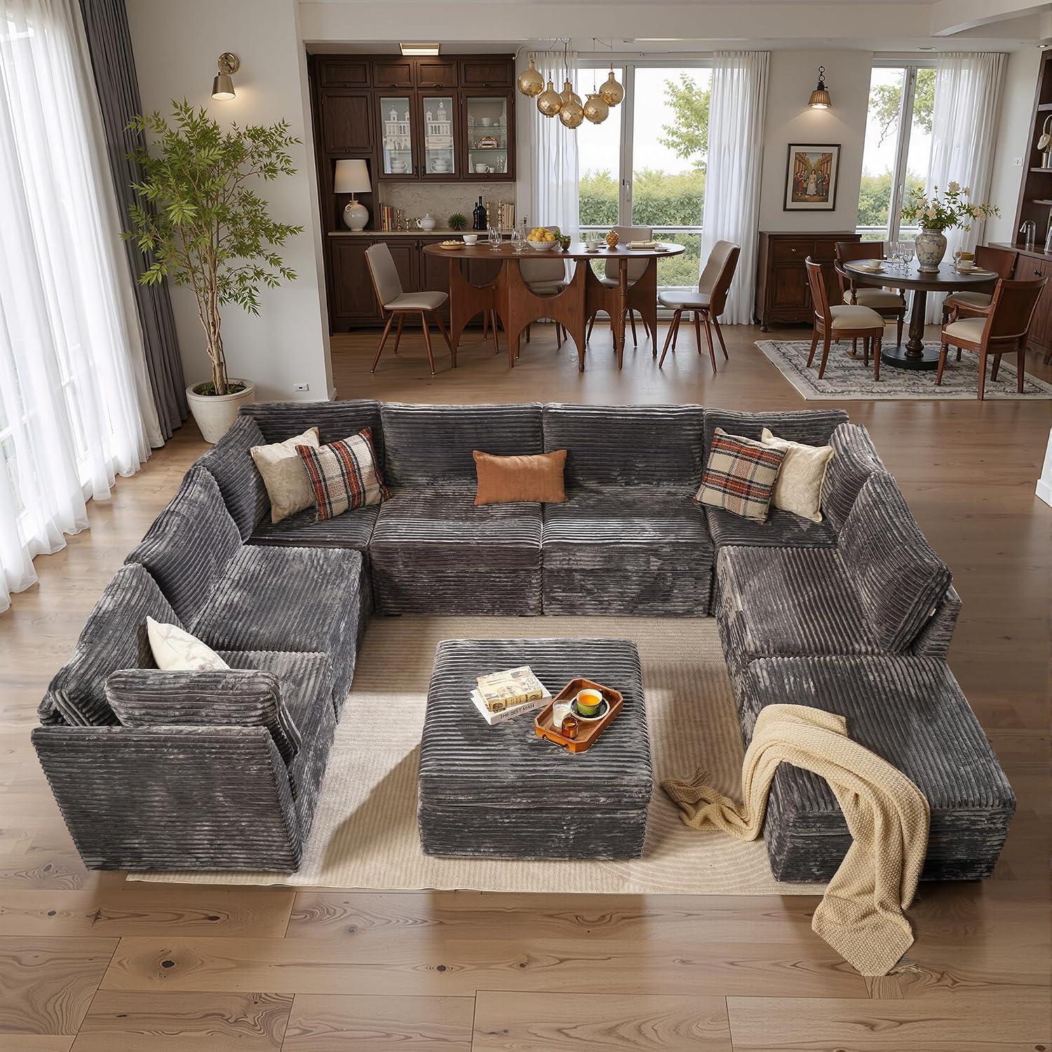 ovios Modular Sectional Sofa Couch with U-Shape Chaise Ottomans, Comfy Plush Corduroy Cloud Couches, Modern Luxury Deep Seat Sofas Set for Living Room, 9-Seater, Grey