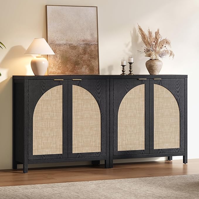 SICOTAS 68" W Rattan Sideboard Buffet Cabinet with Storage Set of 2, Modern Credenza with Arch Doors & Shelves, Boho Coffee Bar Media Console Cabinets for Kitchen, Living Room, Entryway, Black