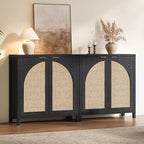 SICOTAS 68" W Rattan Sideboard Buffet Cabinet with Storage Set of 2, Modern Credenza with Arch Doors & Shelves, Boho Coffee Bar Media Console Cabinets for Kitchen, Living Room, Entryway, Black
