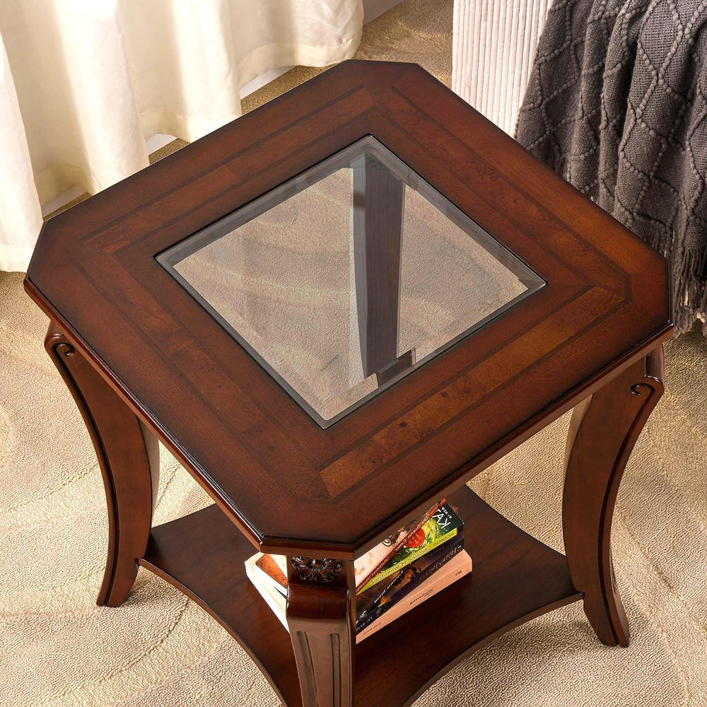 PADMA HOUSE Traditional Wood End Table with Glasstop and Curved Legs, Square ...
