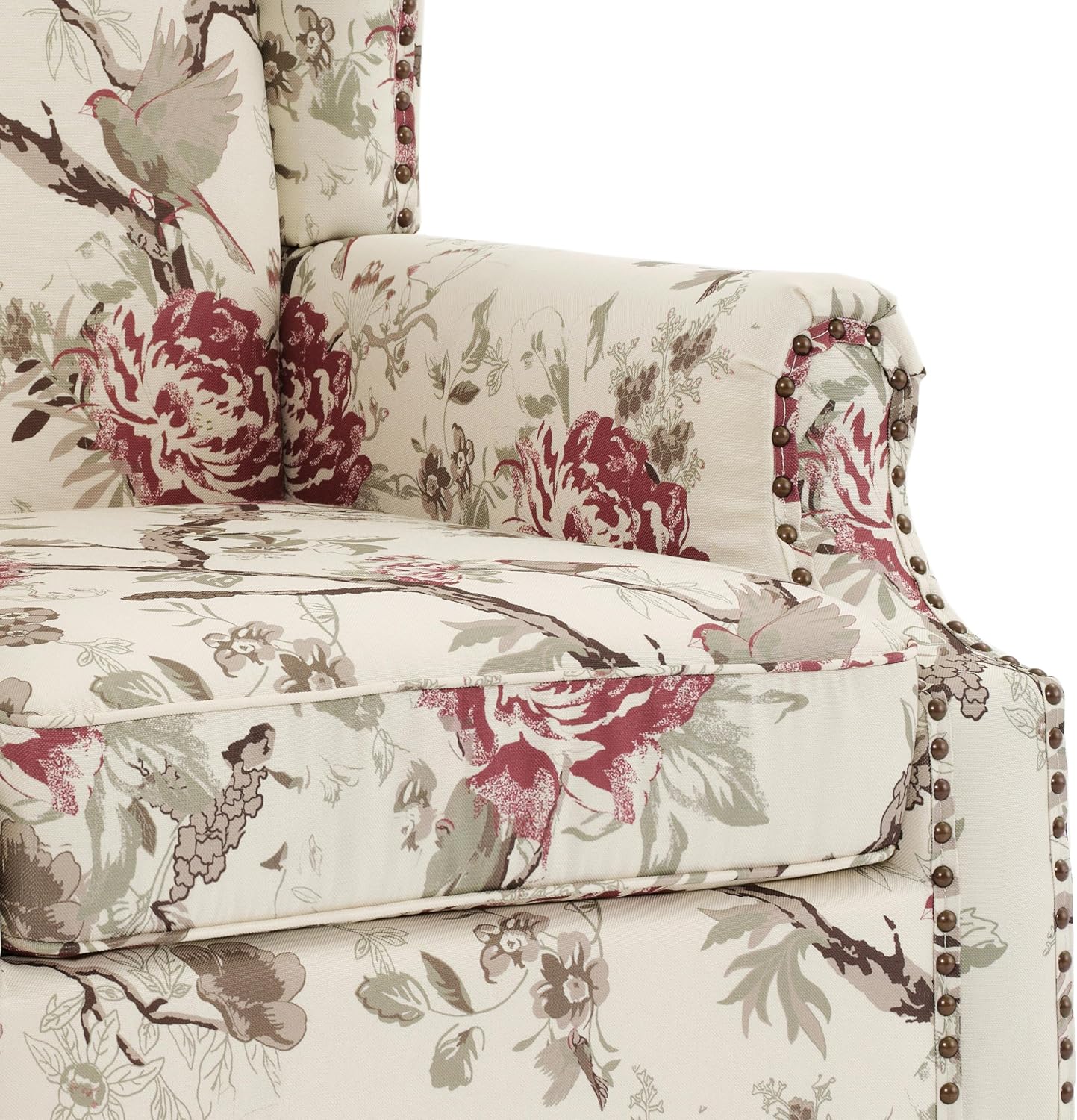High Back Floral Accent Chair - Retro Wingback Upholstered Armchair with Nailhead Trim, Solid Wood Legs, Fabric Living Room Bedroom Reading Chair (Flower Beige)