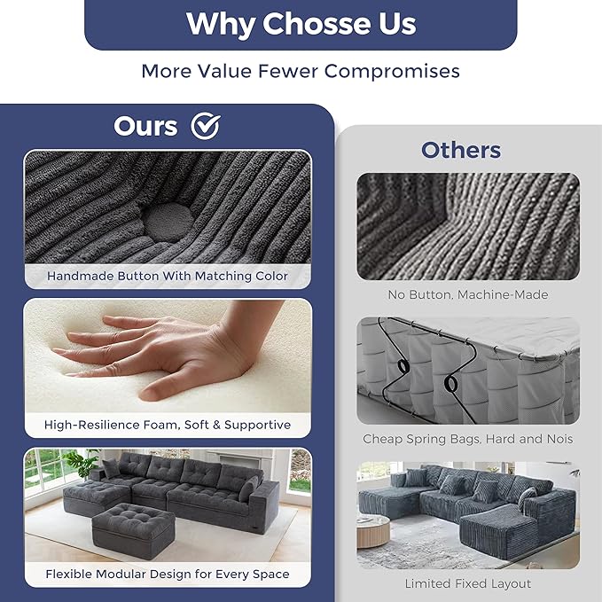 MAXYOYO 132" U Shaped Modular Sectional Sofa with 2 Ottomans, Cloud Boneless Couch with Layered Cushion, Flexible Module Combination Sofa for Living Room, No Assembly Required, Dark Grey