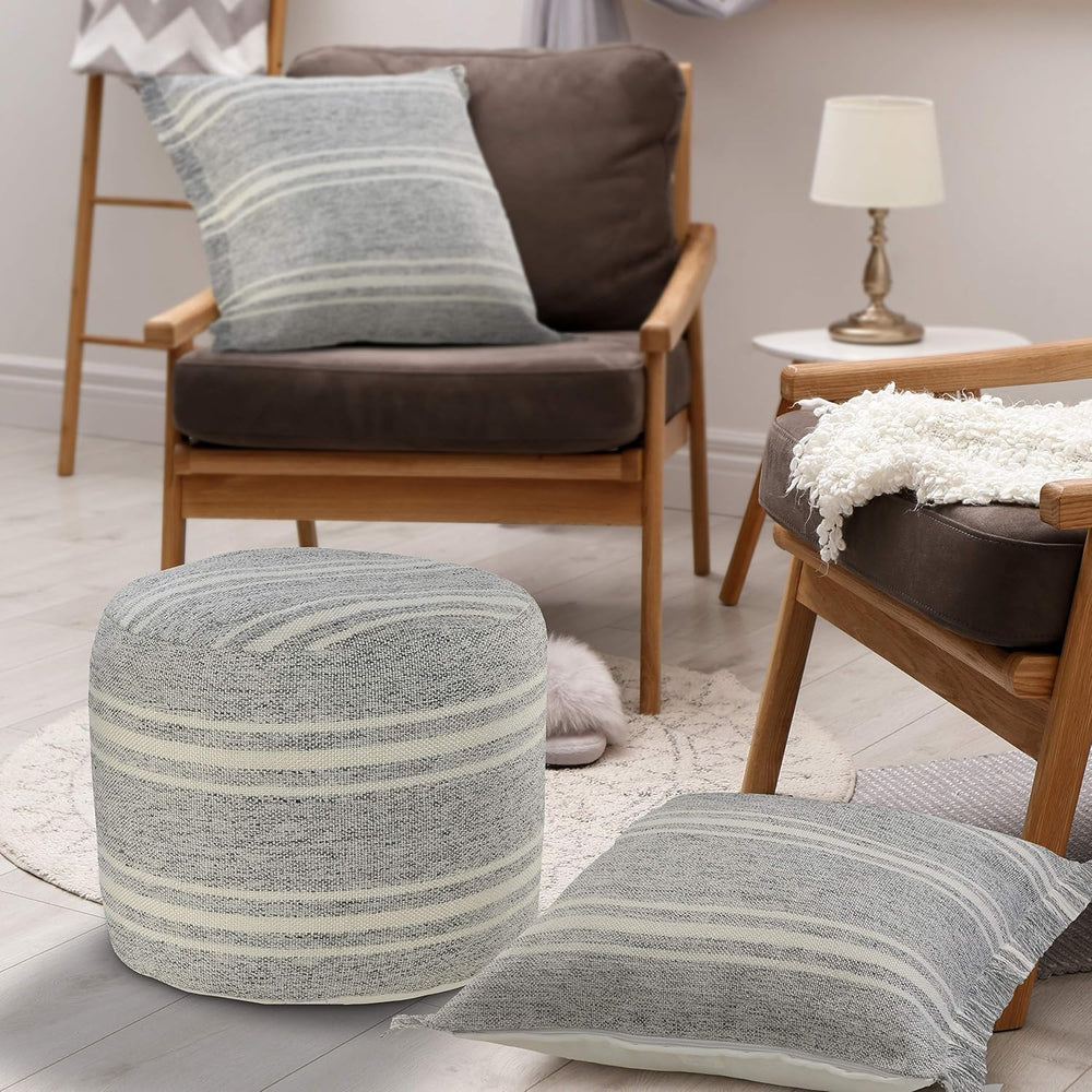 LR Home Ox Bay Farmhouse Triple Stripe Indoor Outdoor Pouf, Gray/White, 18&qu...