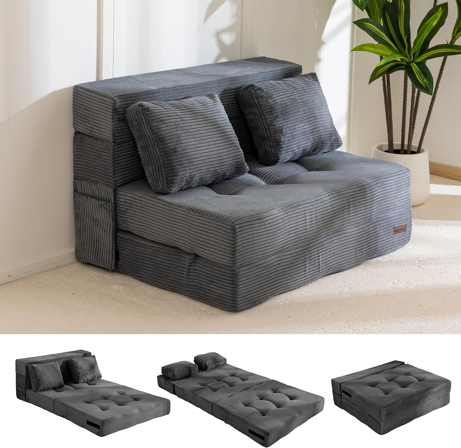 MAXYOYO Convertible Sofa Bed, Fold Out Sofa Couch with Pillow for Adults | Loveseat Sofa 4 in 1 Tufted Folding Couch Bed Foam Floor Couch, Lazy Chair for Living Room Bedroom Guest Room, Dark Grey
