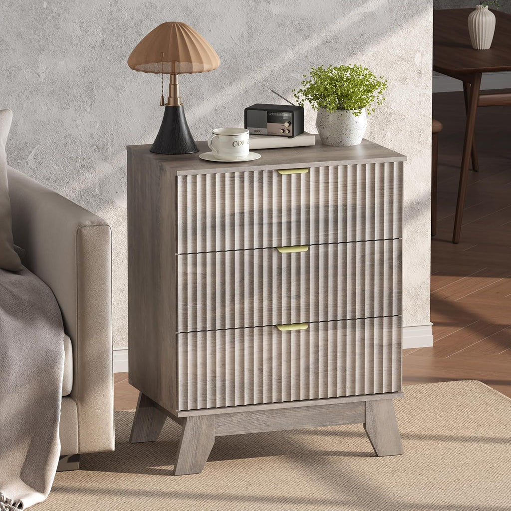 Night Stand Set 2, Bedside Table & End Table, Mid Century Modern Fluted Wood Nightstand with 3 Drawers & Metal Handles, Farmhouse Nightstand for Bedroom, Grey