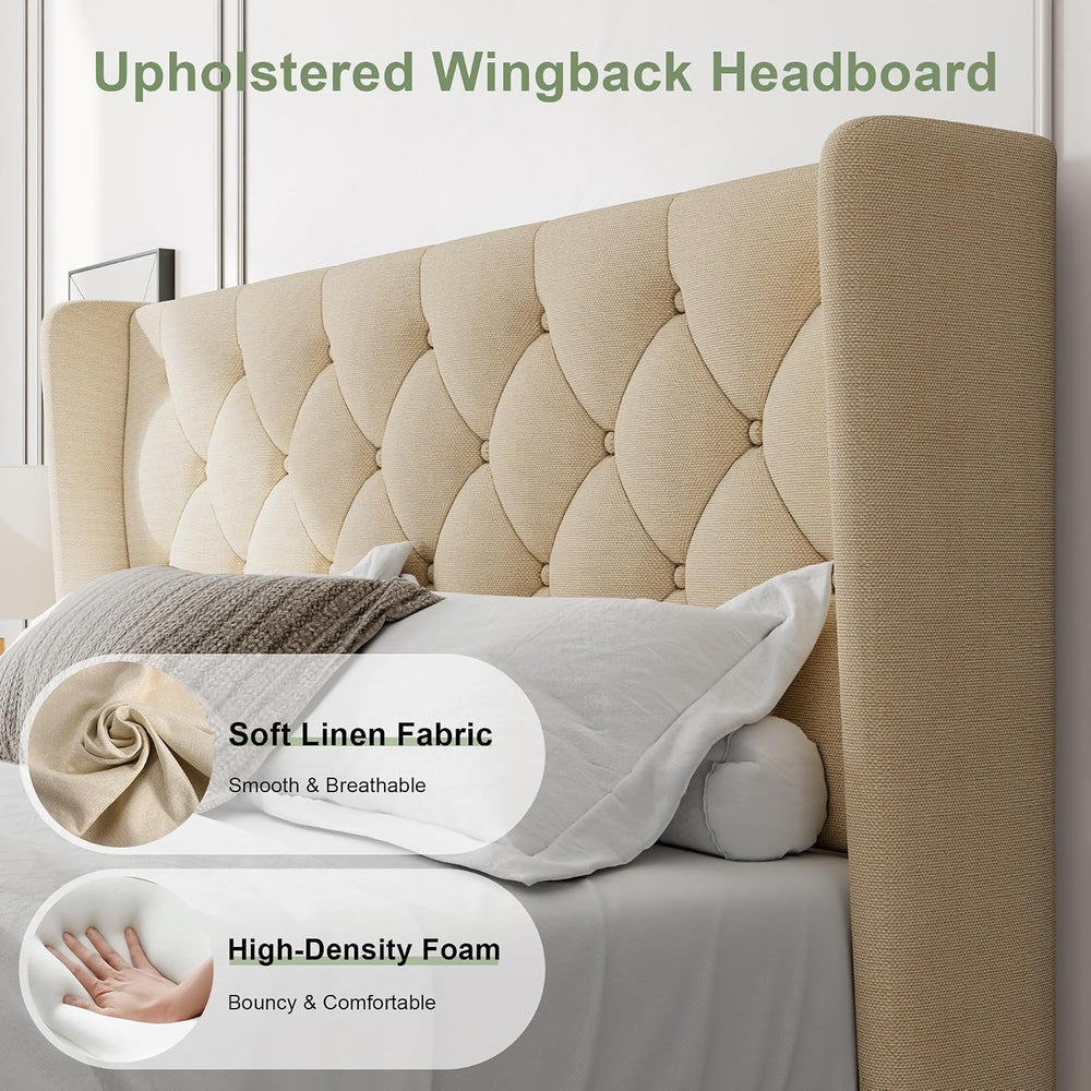 Feonase Queen Bed Frame with Diamond Tufted Wingback Headboard, Morden Uphols...