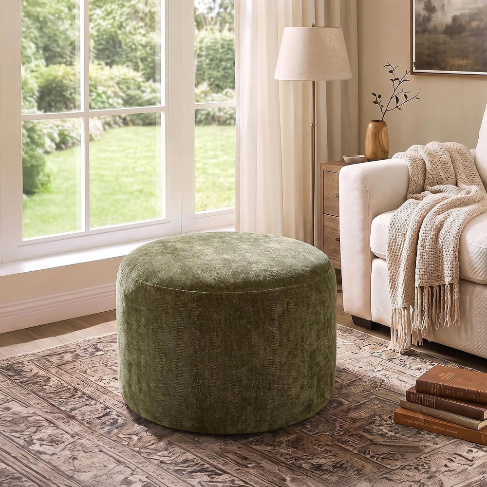 Upholstered Round Green Pouf Ottoman, Modern Footstool | Chenille Footrest wi...