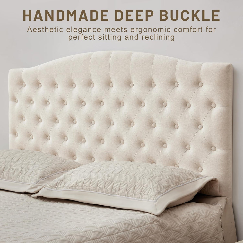 Tufted Tall Queen Size Headboard, Linen Button Diamond Headboards, Beige