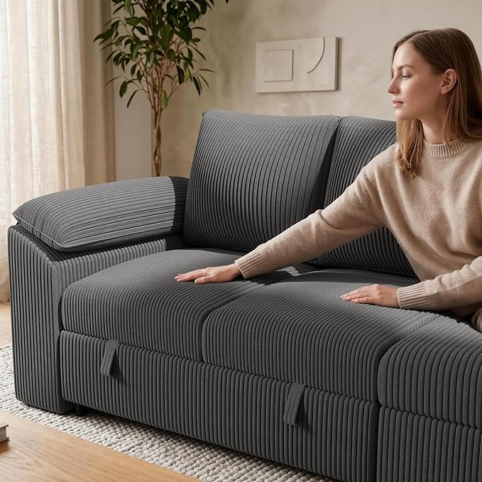 85 Inch Modular Sectional Sofa with Pull Out Couch Bed, L Shaped 5 Seat Sectional Couch with Storage, Corduroy Sectional Couches for Living Room, Cloud Modular Couch, Removable Sofa Cover, Dark Grey