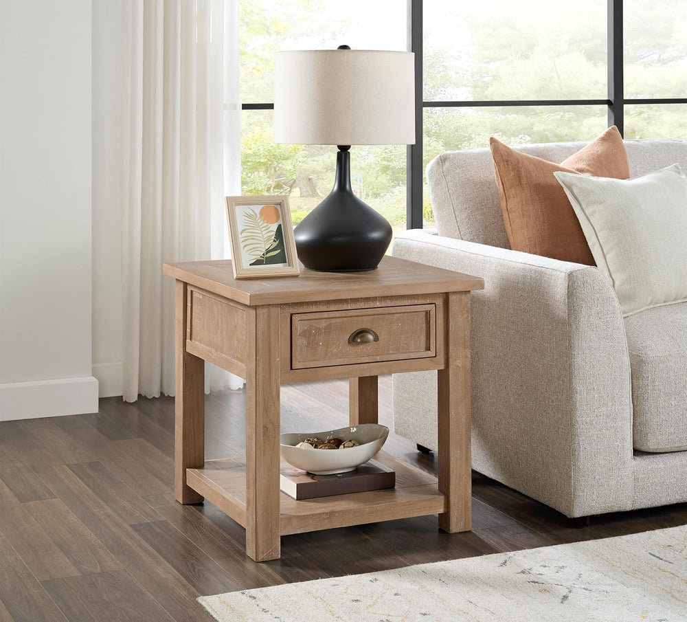 Monterey Farmhouse Rustic End Table, Solid Pine Wood Coastal Side Table with ...
