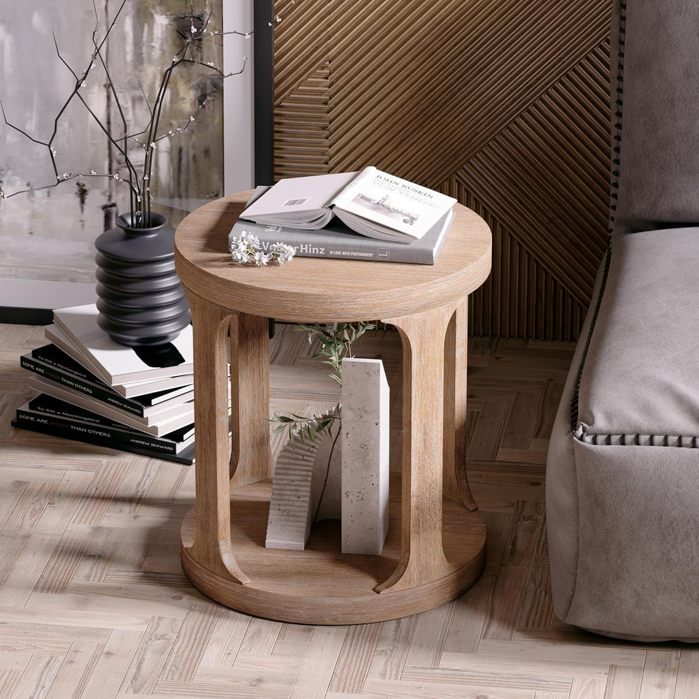 COZAYH Farmhouse Small End Table Wood Round Side Table for Small Space Rustic...