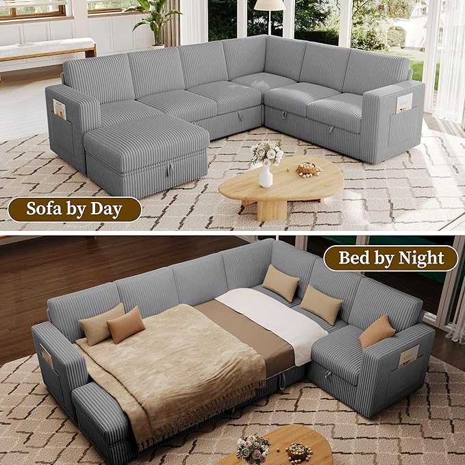 106.7" Sectional Sleeper Sofa with Pull Out Couch, Modern 7 Seat U Shaped Modular Couch, Sectionals Modular Sofa with Storage, Comfy Corduroy Couches Sectional for Living Room & Apartment, Gray