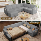 106.7" Sectional Sleeper Sofa with Pull Out Couch, Modern 7 Seat U Shaped Modular Couch, Sectionals Modular Sofa with Storage, Comfy Corduroy Couches Sectional for Living Room & Apartment, Gray