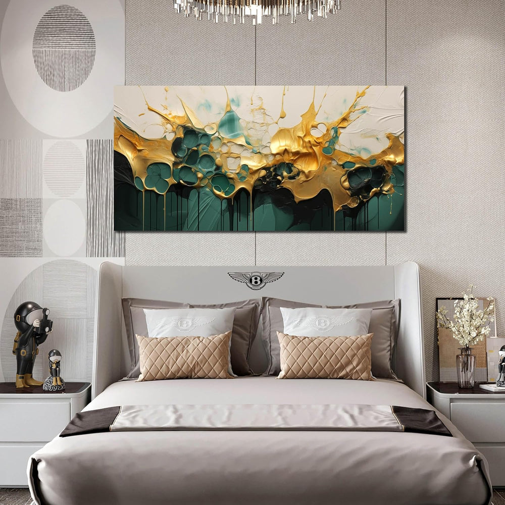 SKYRISE Abstract Teal Gold Canvas Wall Art for Living Room, Dark Green Wall-D...
