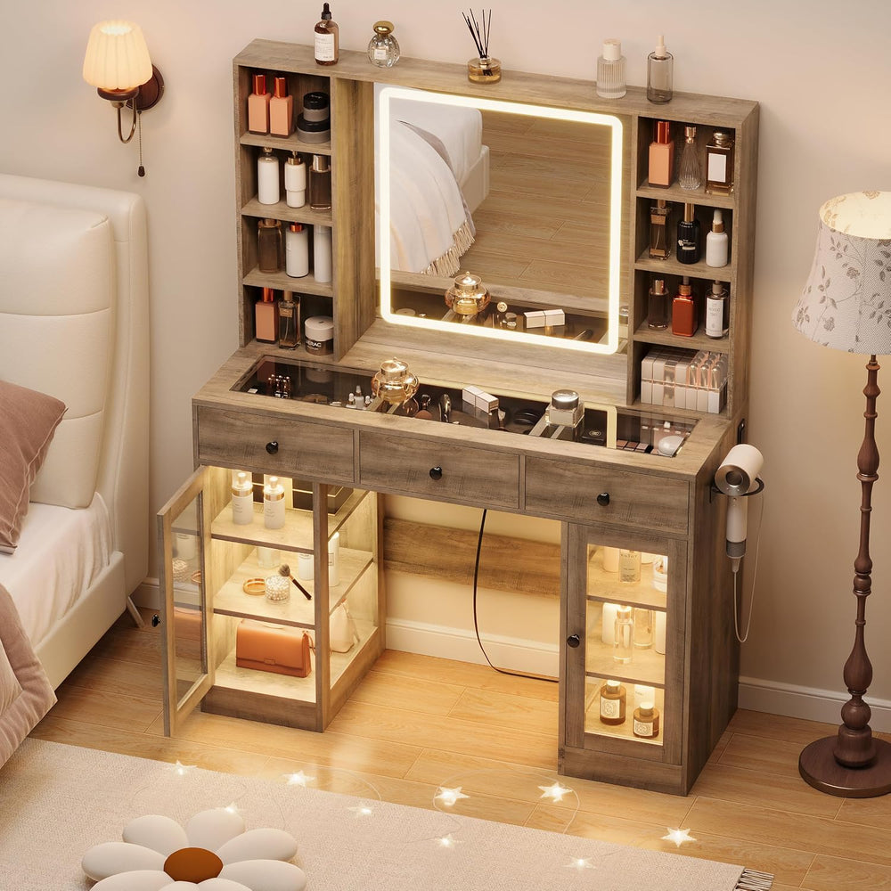 Grey Vanity Desk with Mirror and Lights, Glass Top Vanity with Lighted Mirror...