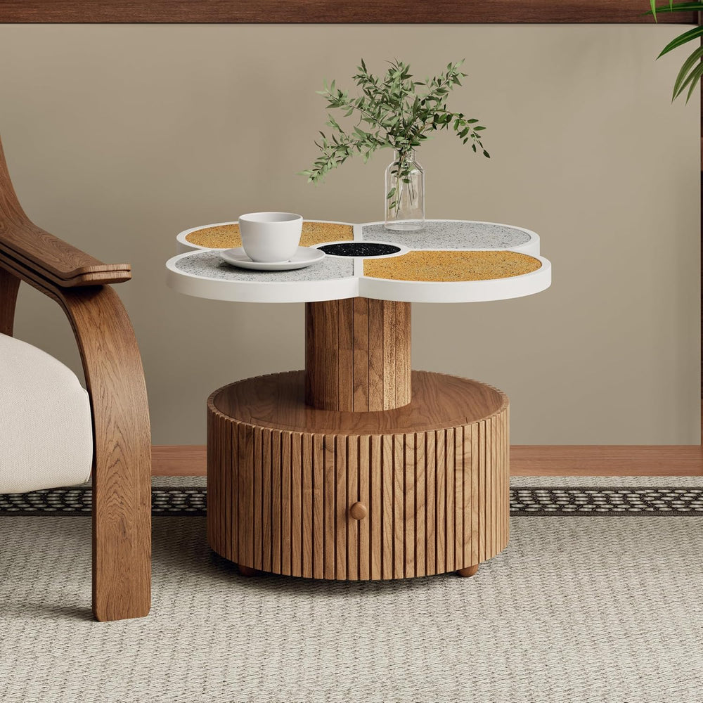 Unique Four-Petal Accent Table with Storage Drawer, Nordic Style Round Side T...