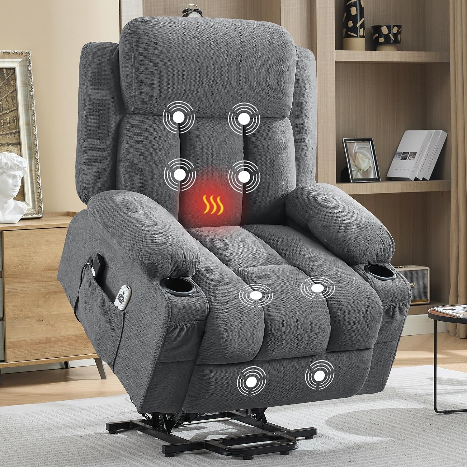 Power Lift Recliner Chair with Heat and Massage | Electric Recliner Sofa, Side Pocket & USB Charge Port, Grey Recliner Chairs for Adults, Easy Remote Control