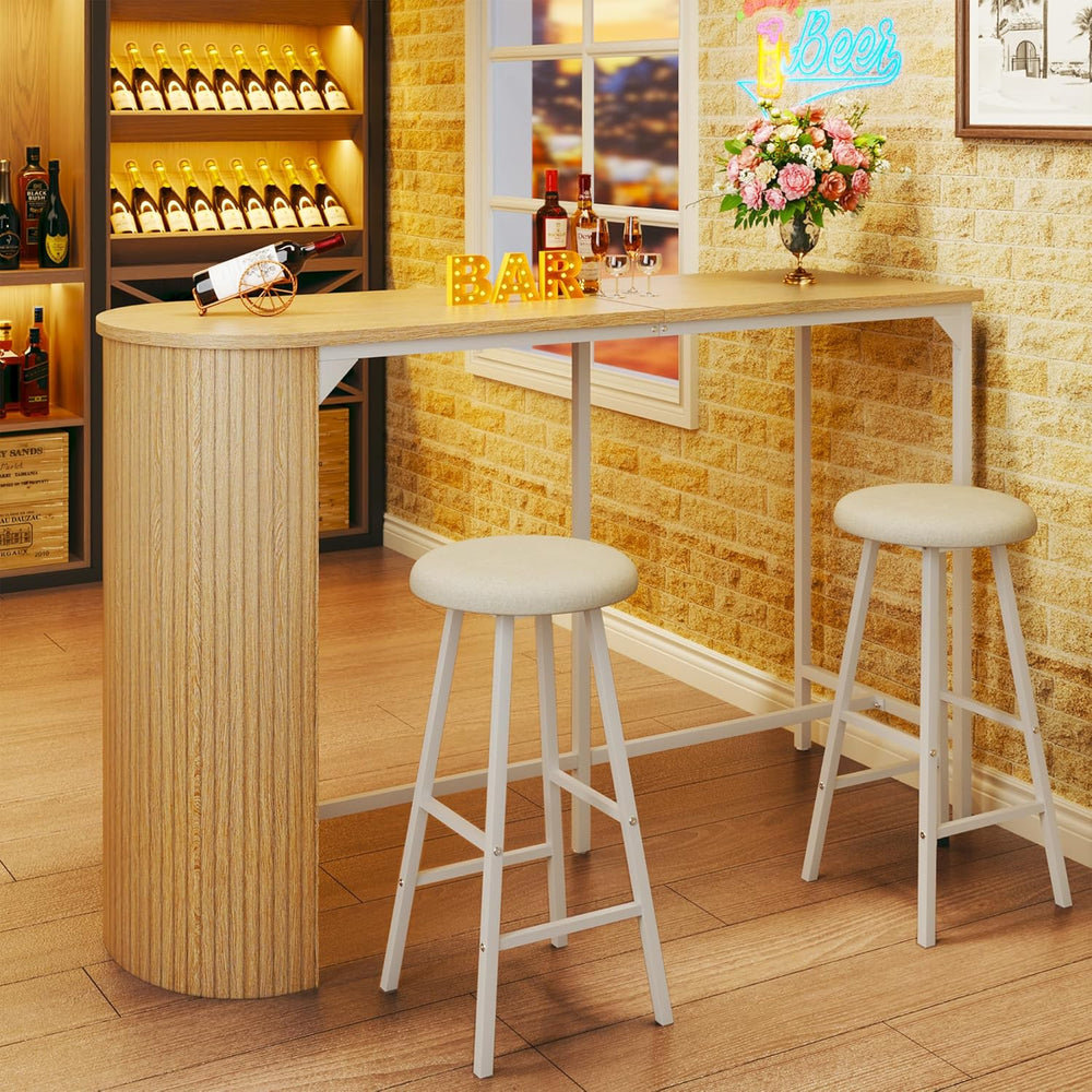Fluted Bar Table and Chairs Set, 55'' Long Bar Tables with 2 Stools, ...