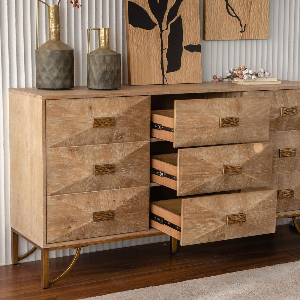 59.44" Light Wood Sideboard, Geometric Relief Buffet with 3 Drawers &amp...
