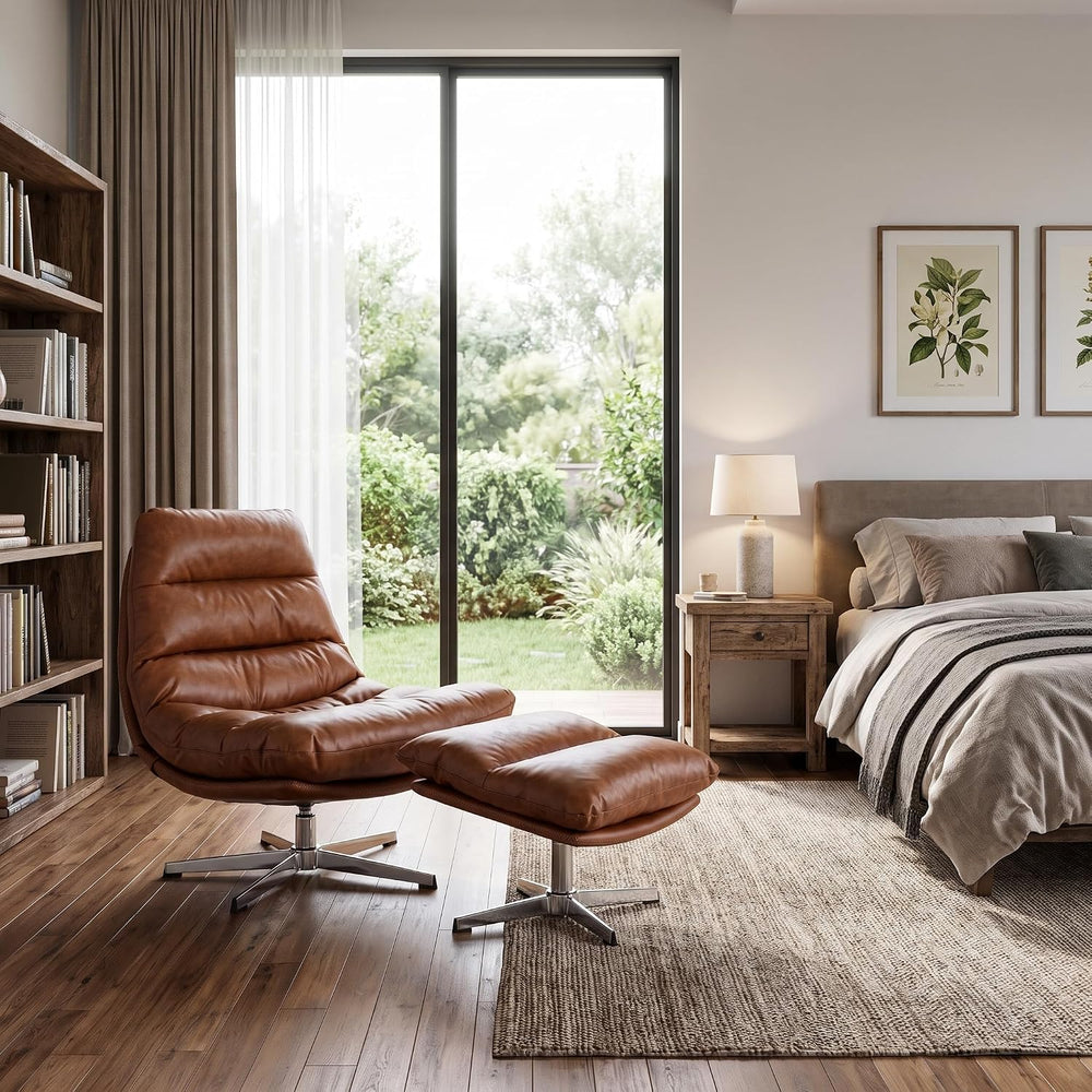HNY Brown Swivel Lounge Chair with Ottoman Modern PU Leather Accent Chair wit...
