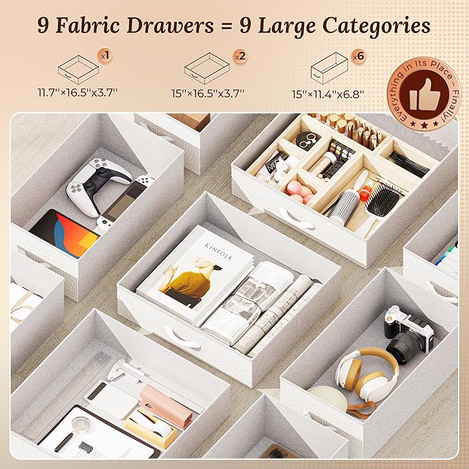 PRAISUN 54 Inch Office Desk with Outlets, Computer Desk with 9 Fabric Drawers, Writing Gaming Work Study Desk for Bedroom, Living Room, Home Office, Large Storage, White