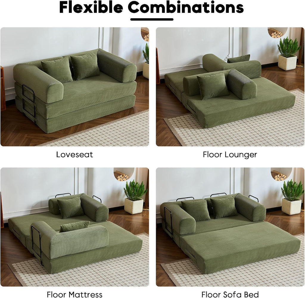 59" Convertible Floor Sofa Bed, Boneless Couches for Living Room, Green | Corduroy Loveseat Sleeper Floor Sofa, Modular Sectional Sofa, Futon Boneless Couch, Pull Out Couch, No Assembly Required