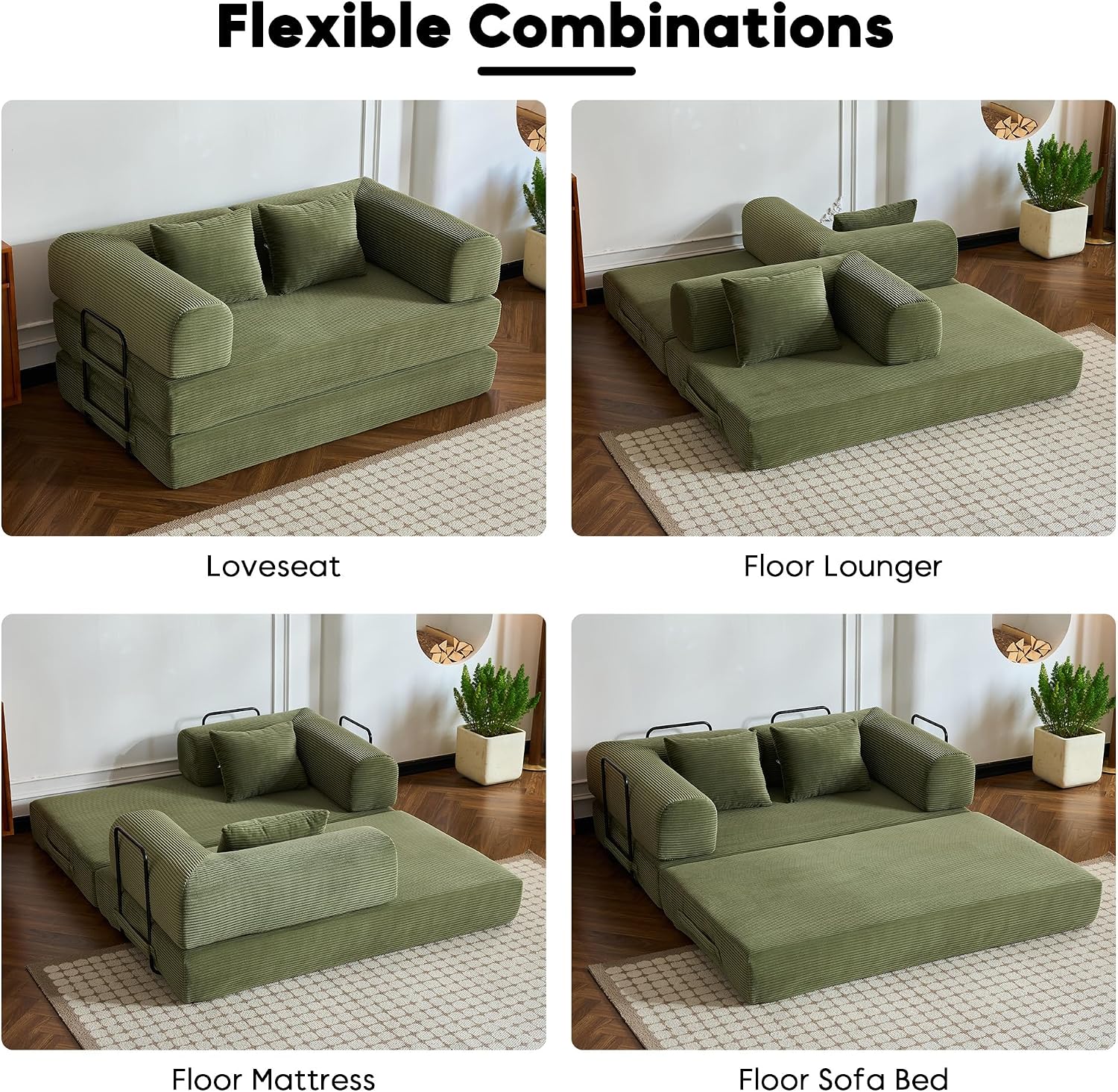 59" Convertible Floor Sofa Bed, Boneless Couches for Living Room, Green | Corduroy Loveseat Sleeper Floor Sofa, Modular Sectional Sofa, Futon Boneless Couch, Pull Out Couch, No Assembly Required