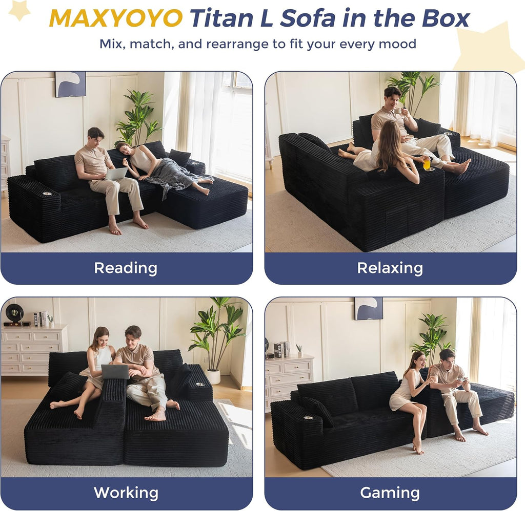 MAXYOYO Boneless Couch, 104-Inch L-Shape Sectional Sofa, Right-Facing Chaise