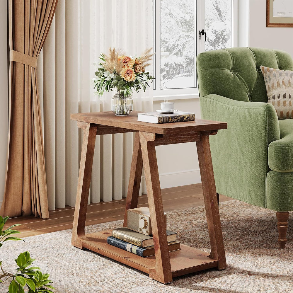 Solid Wood End Table for Living Room, 2-Tier Narrow Rustic Side Table, Rectan...