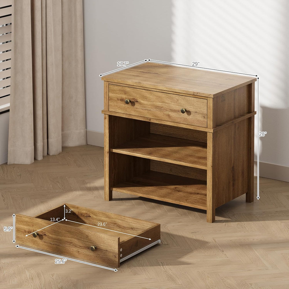 End Table with Drawer and 2 Tier Shelves, Wood Sofa Side Table for Living Roo...