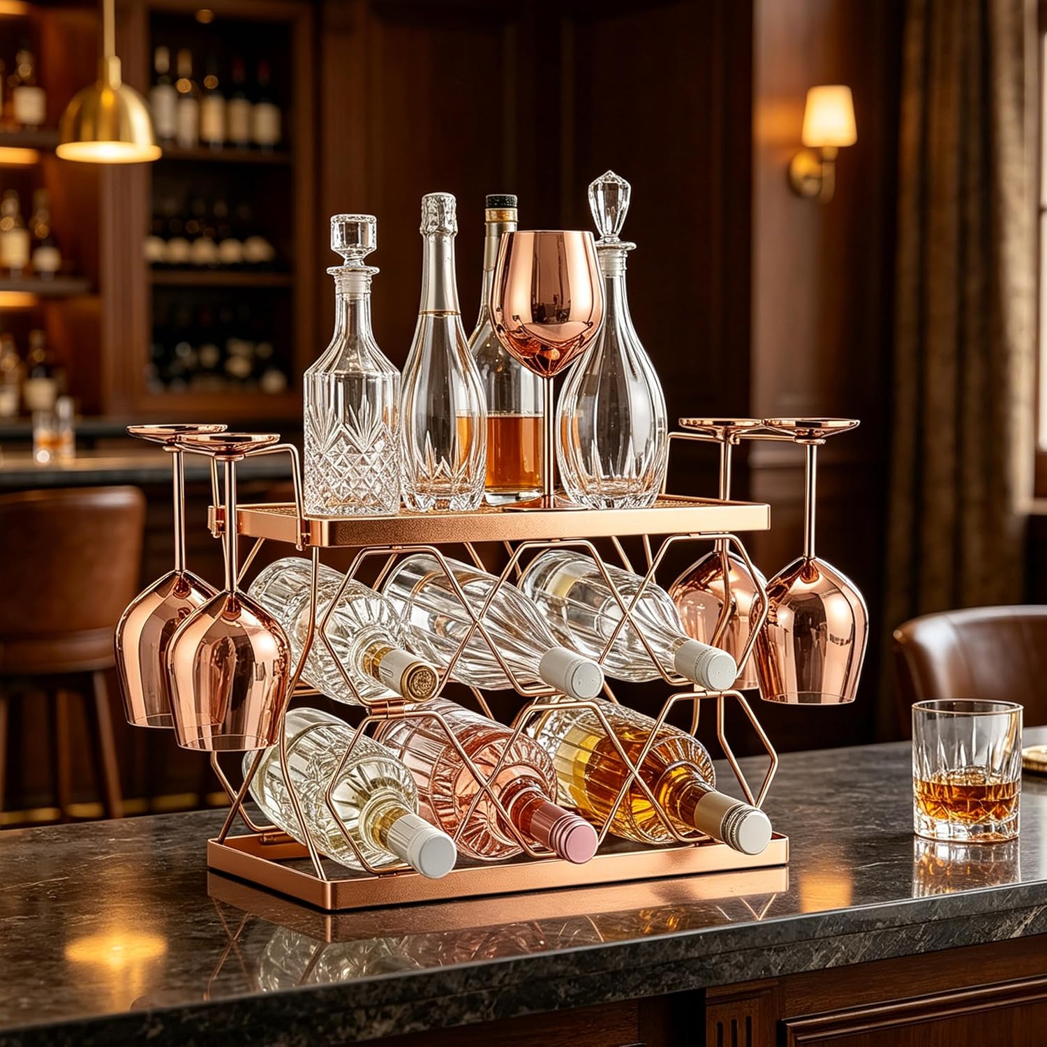 Countertop Wine Rack Organizer - Holds 6 Oversized Bottles & 4 Glasses | Freestanding Small Metal Bottle Holder, Perfect for Home Décor, Kitchen Storage and Cabinet | No Assembly