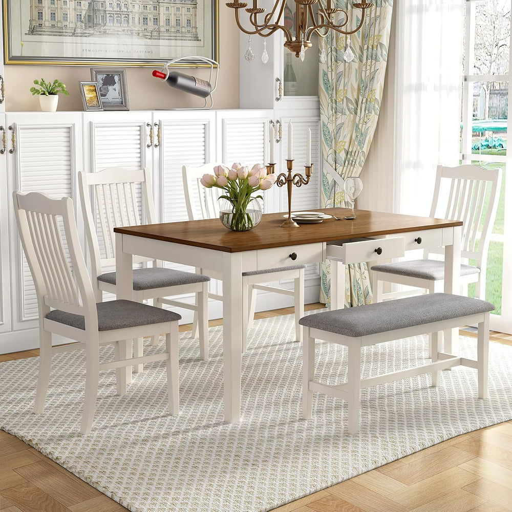Merax Mid-Century 6-Piece Wood Dining Table Set with Drawer, 4 Upholstered Ch...