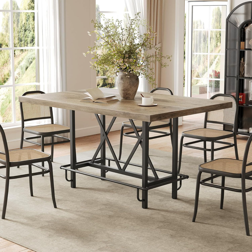LITTLE TREE 63-Inch Industrial Bar Table with Metal Footrest, Counter Height ...
