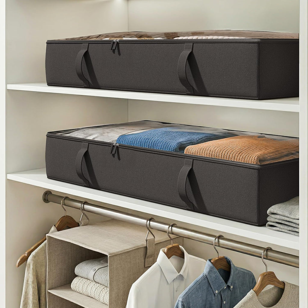 Side-Supported Under Bed Storage Containers, 6 Inch 60L Clothes Storage Bin | Underbed Storage Bin with Sturdy Handles and Sidewalls, Closet Organizer for Clothes, Blankets, Seasonal Items, Black, 2 Pack